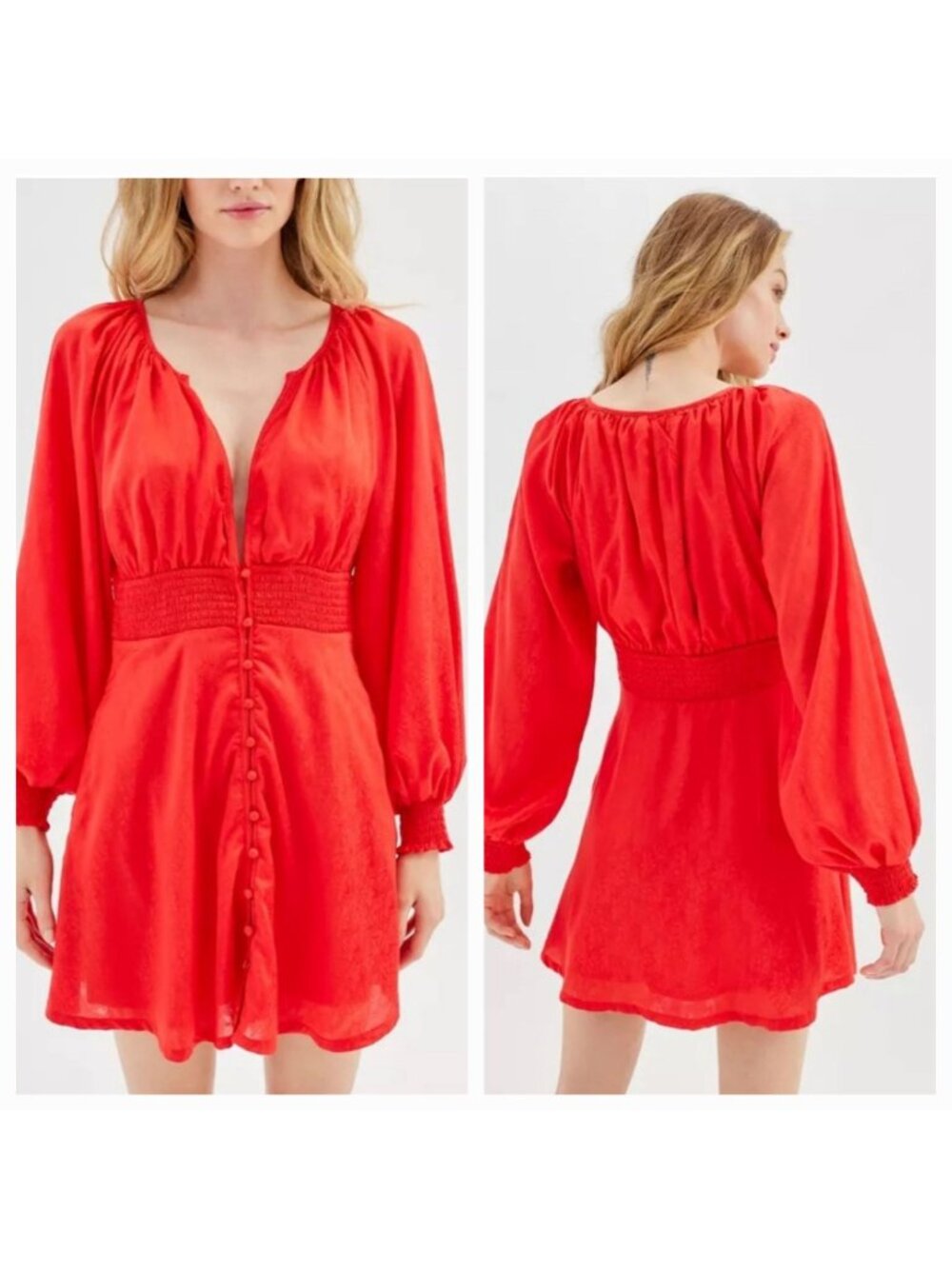 Urban Outfitters Red Mini Dress Balloon Sleeve Smocked Waist Romantic Y2K NWT SP